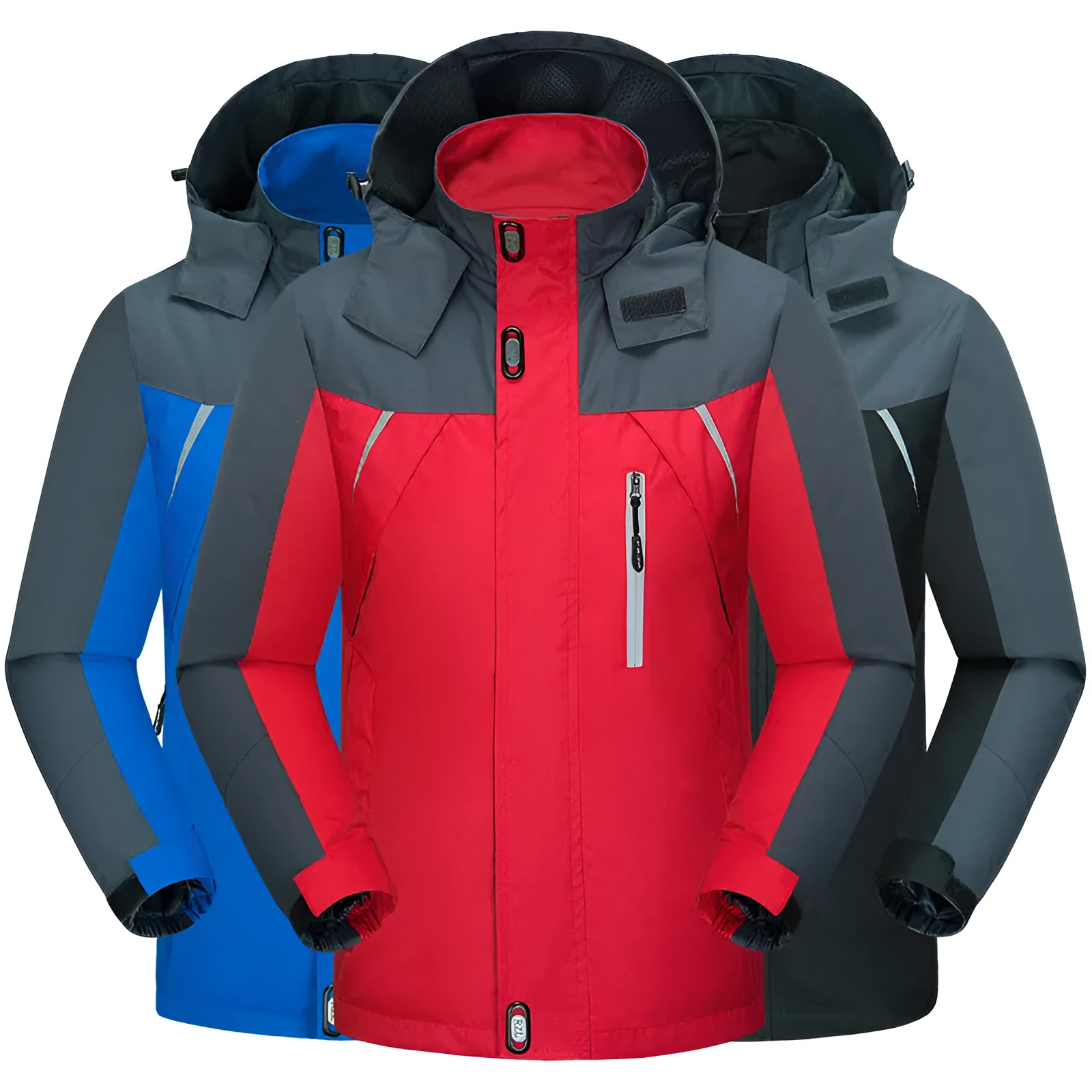 Men's waterproof breathable wear-resistant jacket in black, polyester fabric, plus velvet lining, full zip front