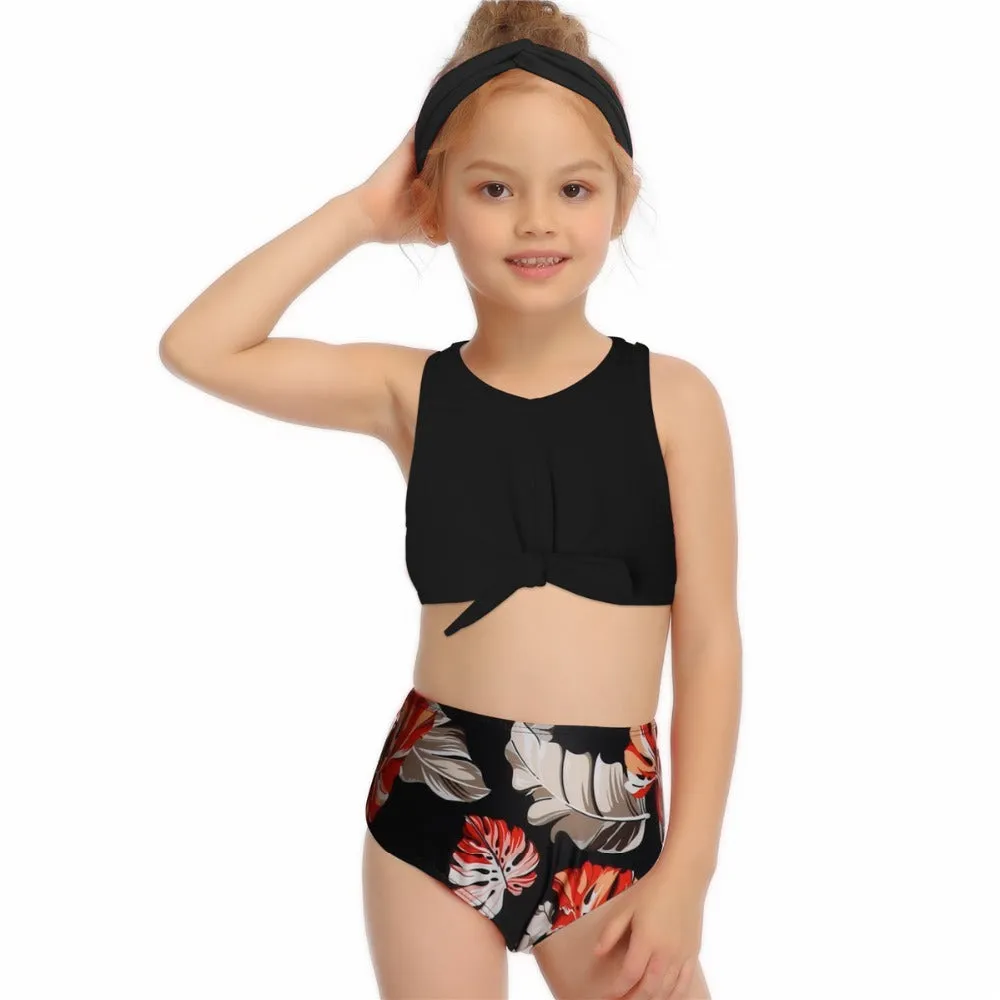 Parent-child swimwear in nylon with leopard print and solid colours, sizes 104-164cm for family matching