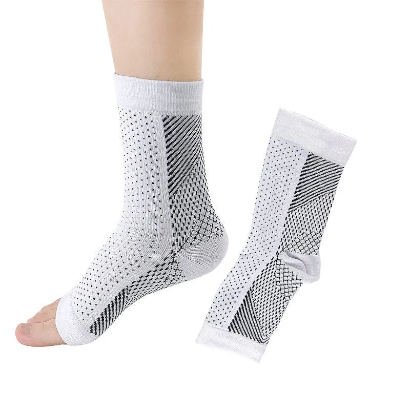 Open-toe compression foot sleeves in white and black nylon spandex with arch and ankle support for sports