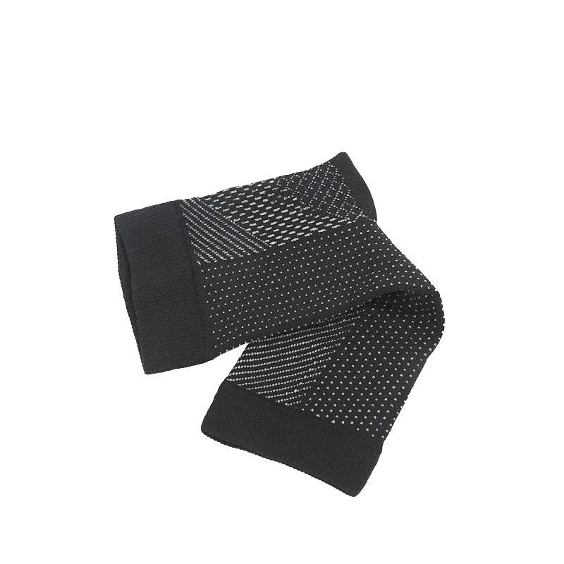 Open-toe compression foot sleeves in white and black nylon spandex with arch and ankle support for sports
