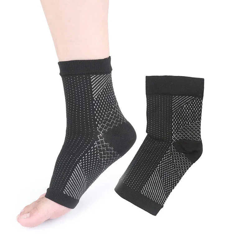 Open-toe compression foot sleeves in white and black nylon spandex with arch and ankle support for sports