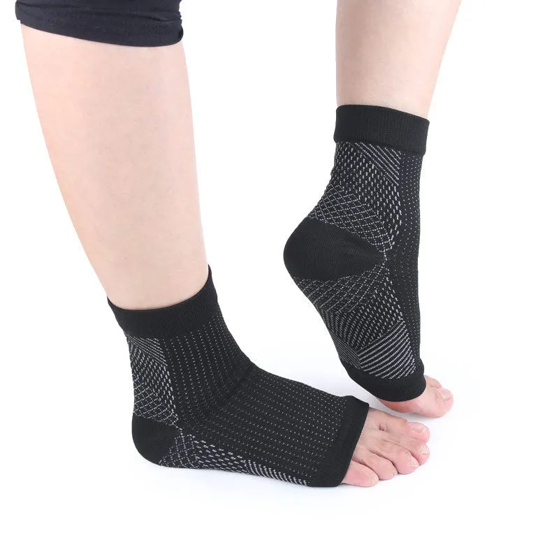 Open-toe compression foot sleeves in white and black nylon spandex with arch and ankle support for sports
