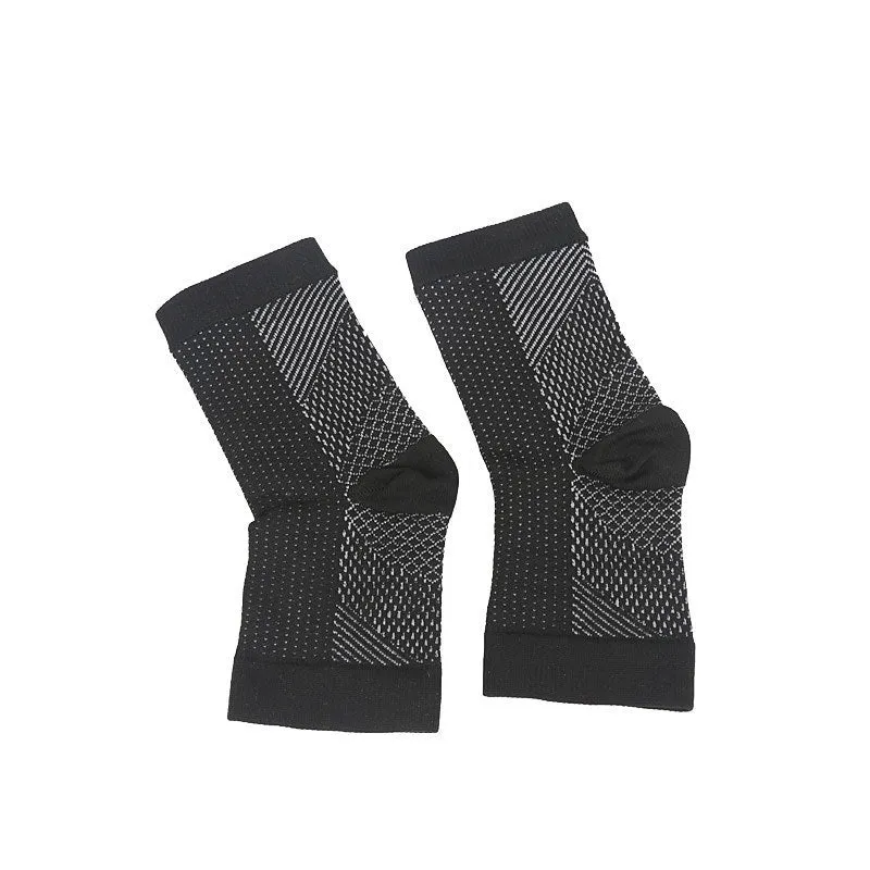 Open-toe compression foot sleeves in white and black nylon spandex with arch and ankle support for sports