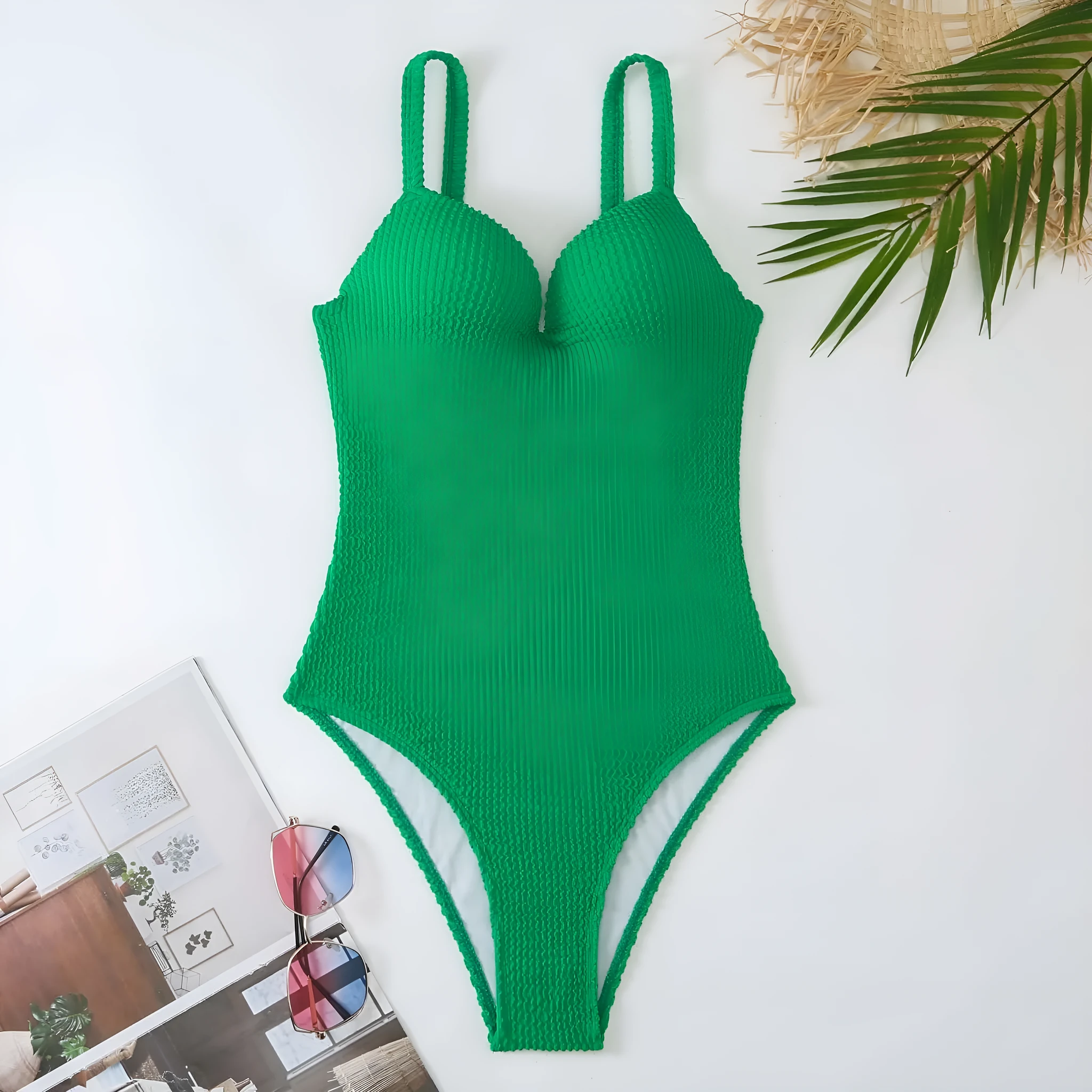 Women's sleeveless one-piece swimsuit with sunk stripe pattern in polyester fabric