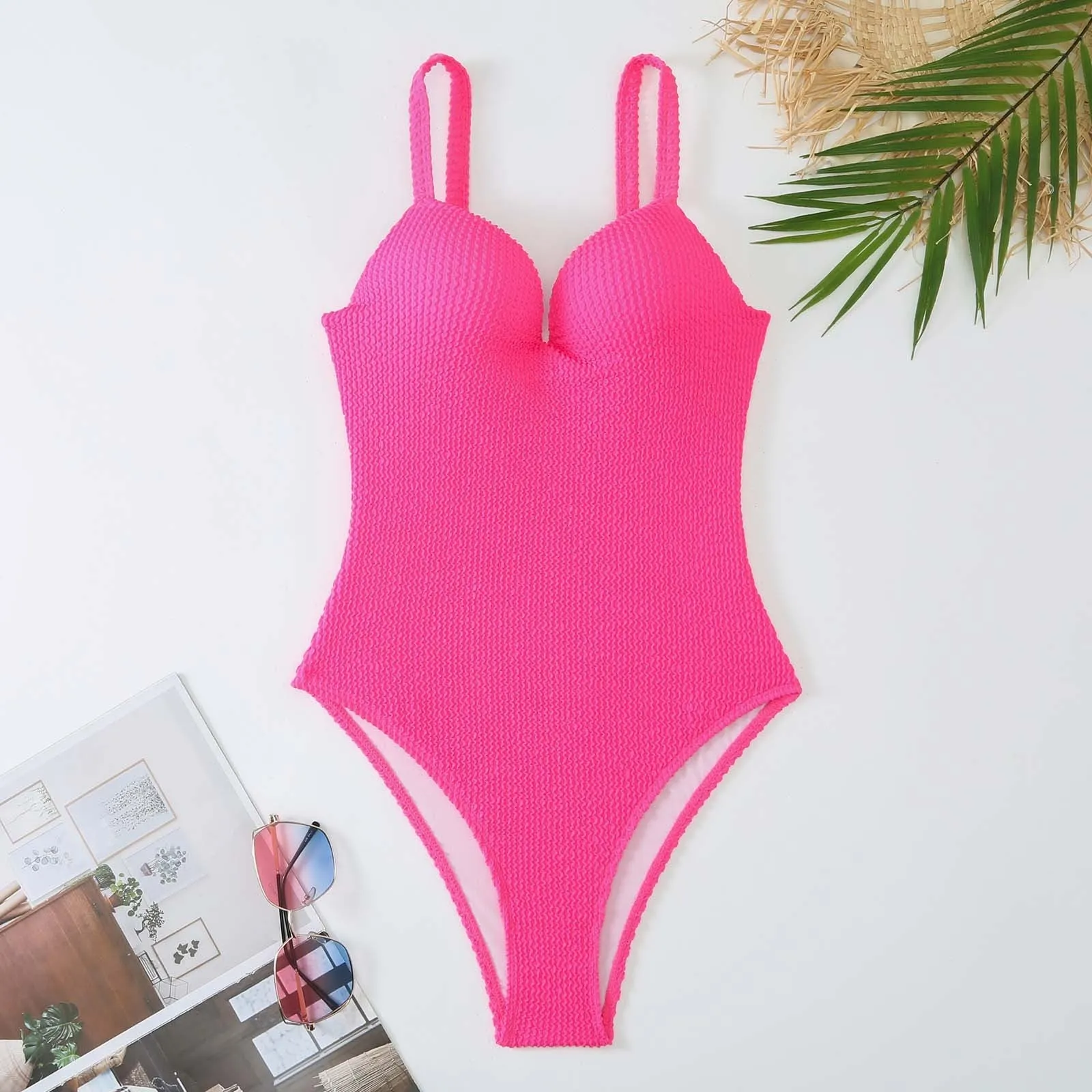 Women's sleeveless one-piece swimsuit with sunk stripe pattern in polyester fabric