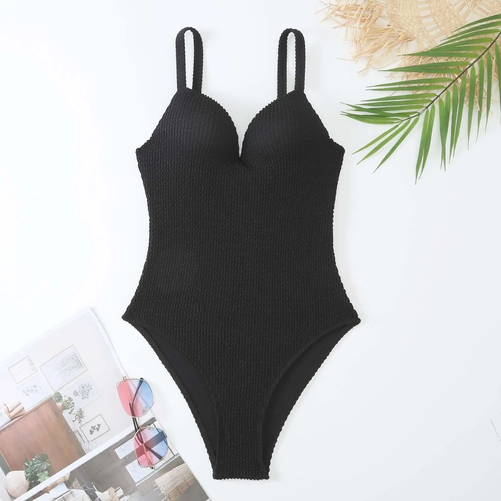 Women's sleeveless one-piece swimsuit with sunk stripe pattern in polyester fabric