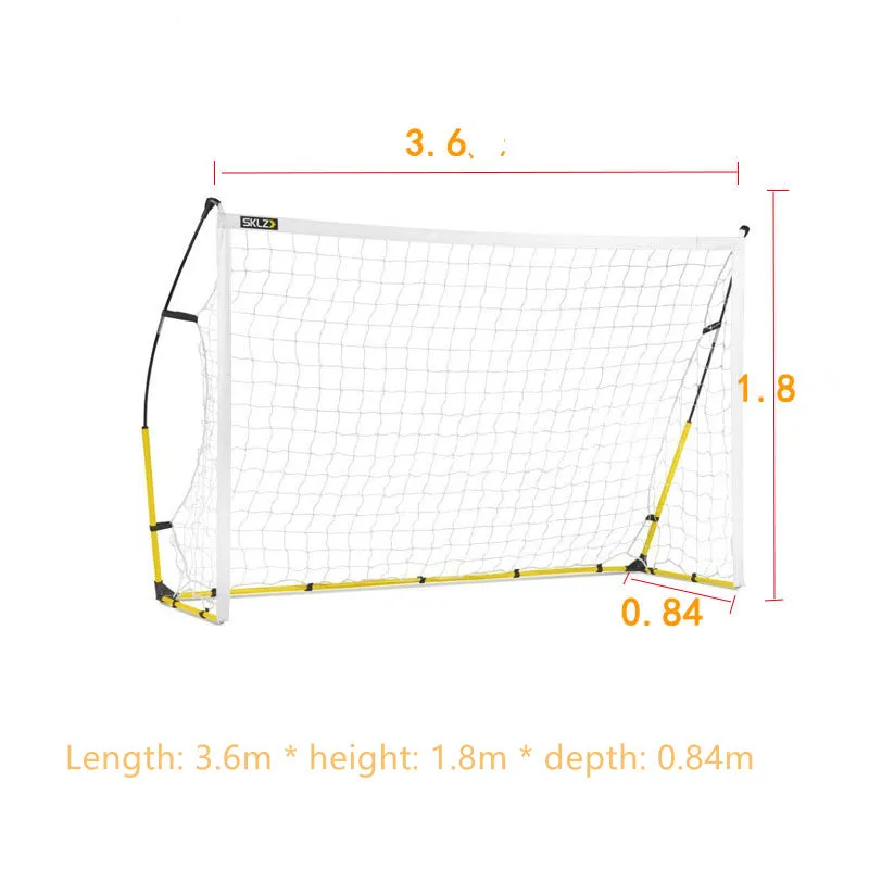 Portable yellow quick assembly football net for children training, size L, with goal frame and netting