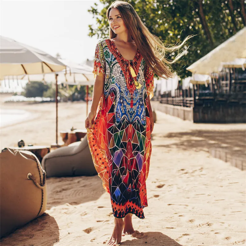Women's cotton printed beach cover up one size summer dress