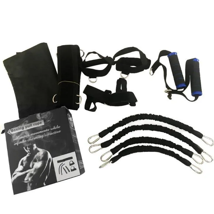 Boxing training belt set with 30LBS pull tubes, black waist belt, and straps on floor