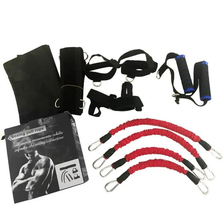 Boxing training belt set with 30LBS pull tubes, black waist belt, and straps on floor