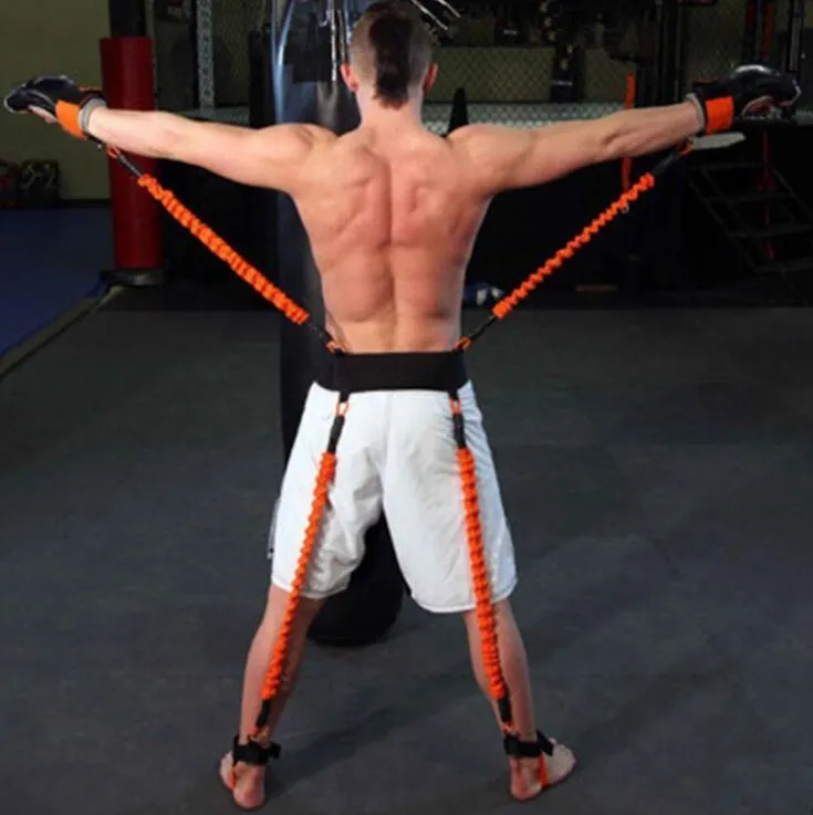 Boxing training belt set with 30LBS pull tubes, black waist belt, and straps on floor