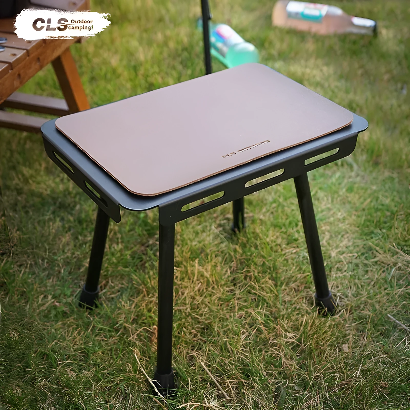 CLS aluminium dual-use folding camping stool shown in beige, converted into a small raised side table.