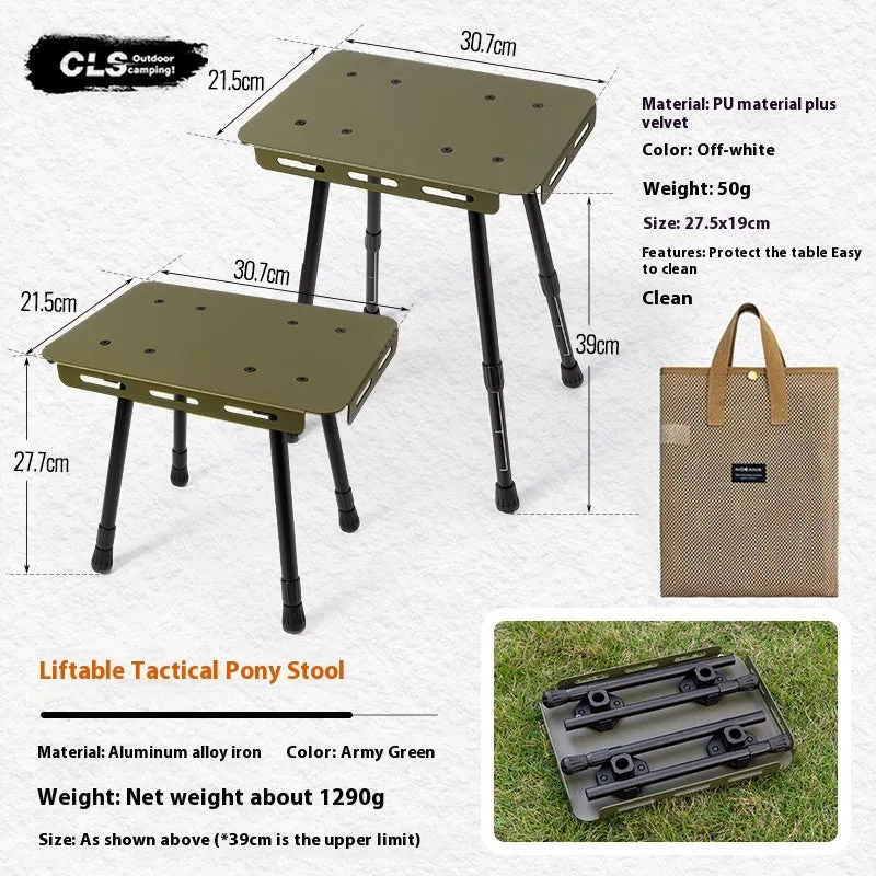 CLS aluminium dual-use folding camping stool shown in beige, converted into a small raised side table.