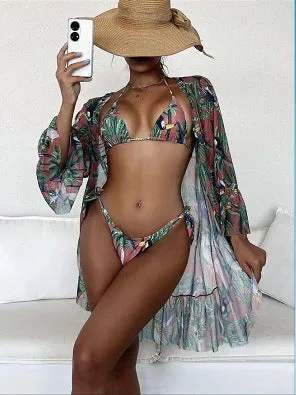 Tropical triangle bikini top with chest pad and matching kimono in green polyester