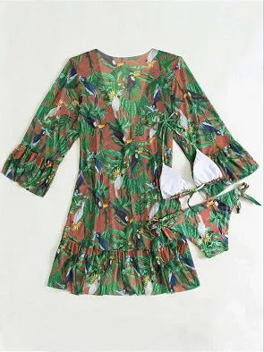 Tropical triangle bikini top with chest pad and matching kimono in green polyester