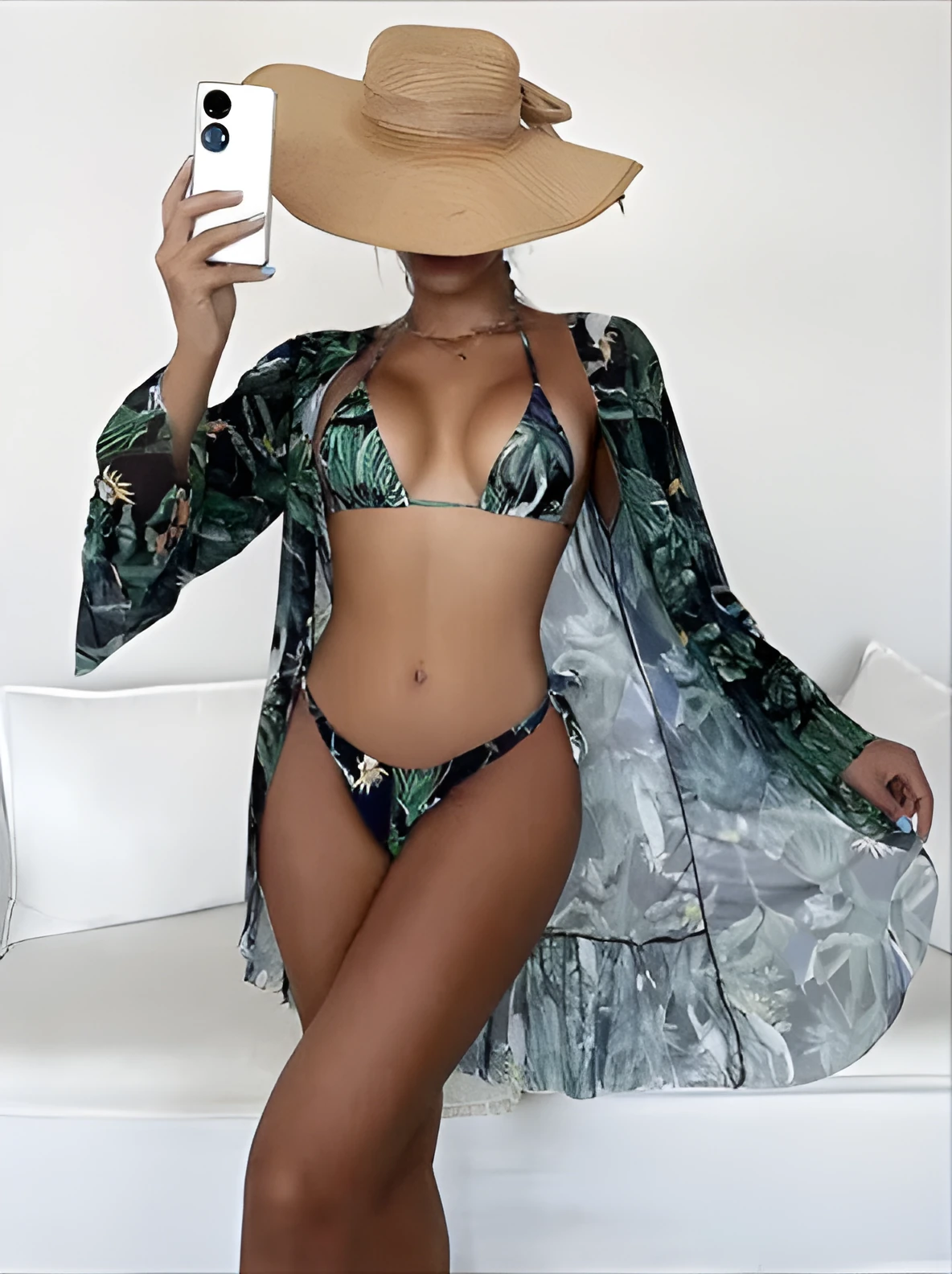 Tropical triangle bikini top with chest pad and matching kimono in green polyester
