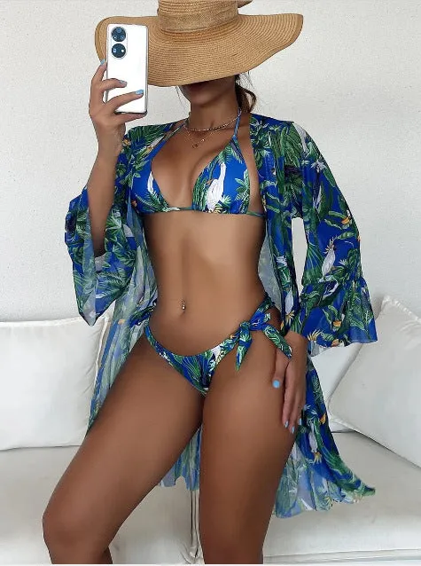 Tropical triangle bikini top with chest pad and matching kimono in green polyester
