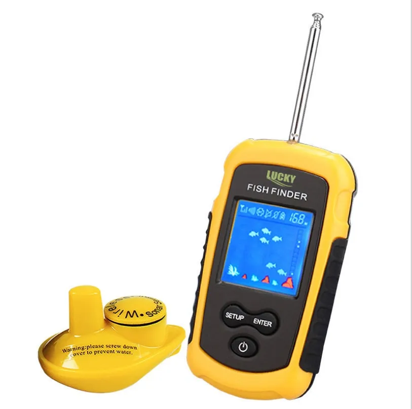 Yellow fish finder with wired sensor and display showing depth reading