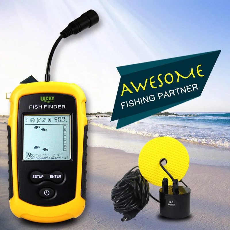 Yellow fish finder with wired sensor and display showing depth reading