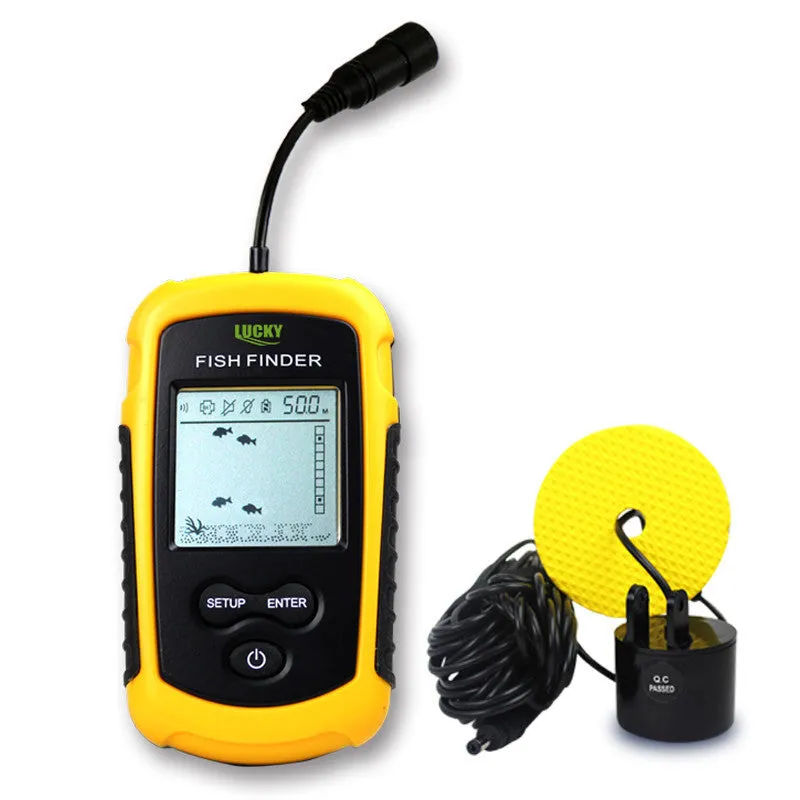 Yellow fish finder with wired sensor and display showing depth reading