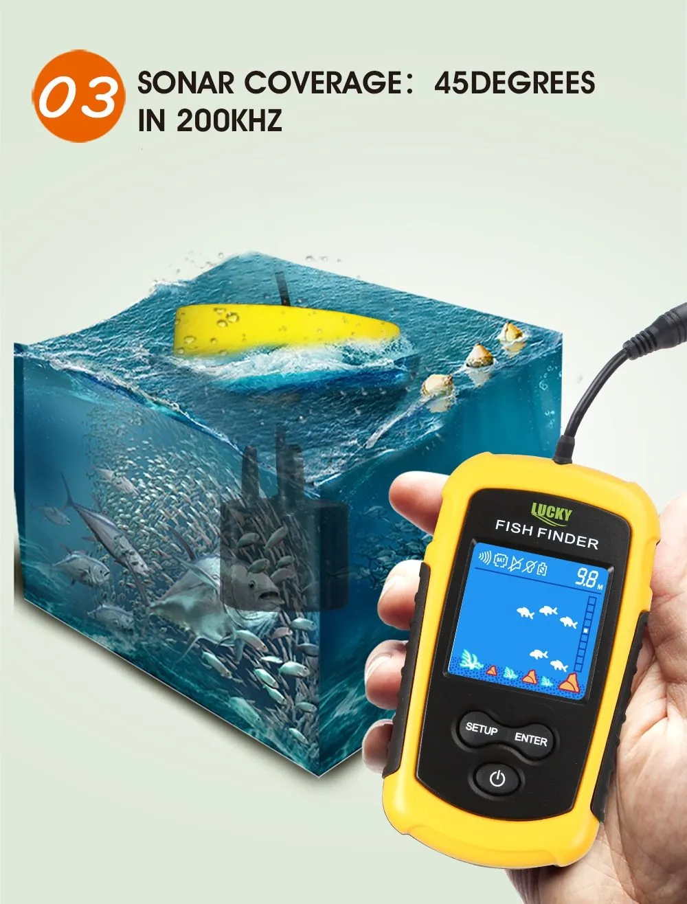 Yellow fish finder with wired sensor and display showing depth reading