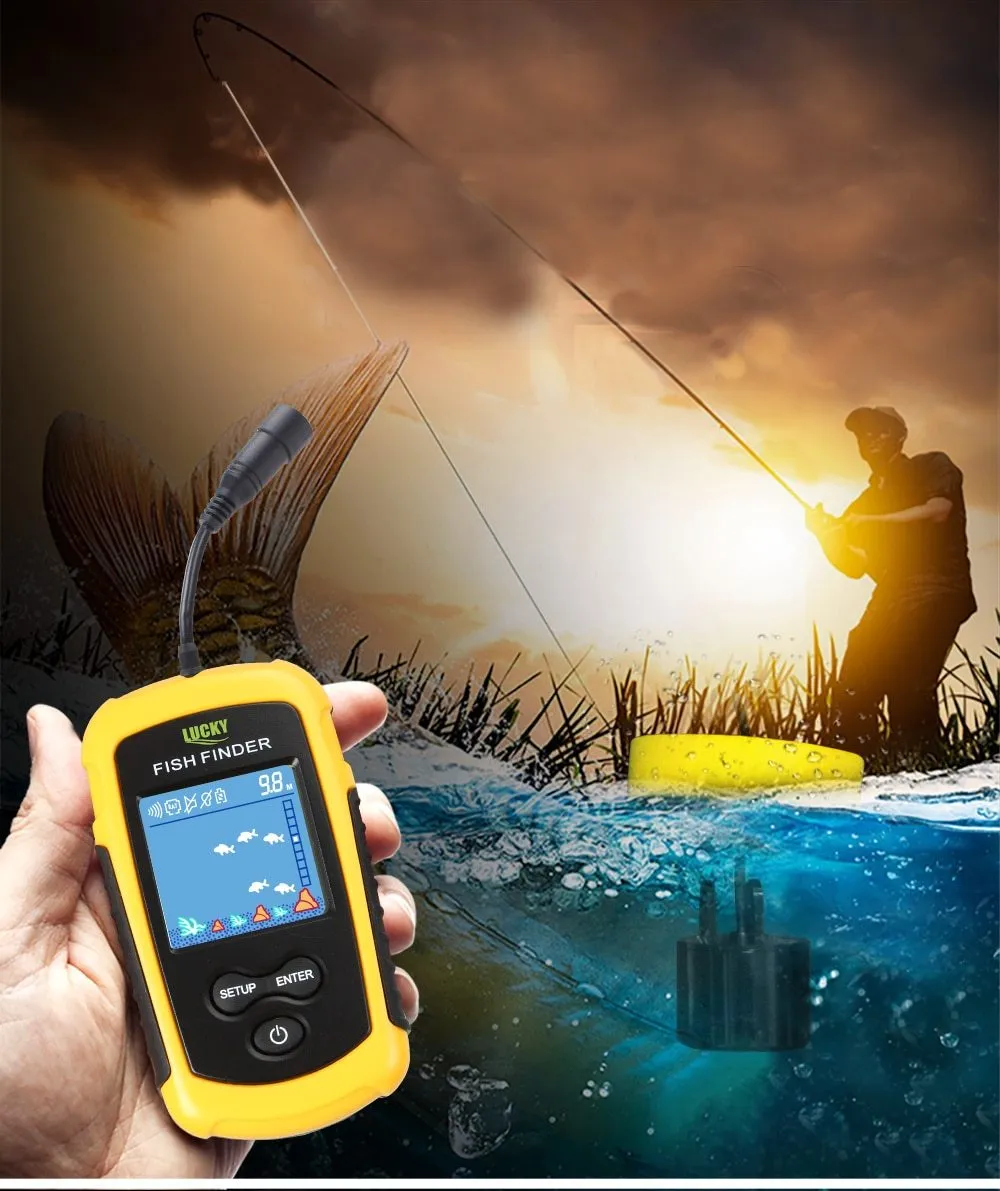 Yellow fish finder with wired sensor and display showing depth reading
