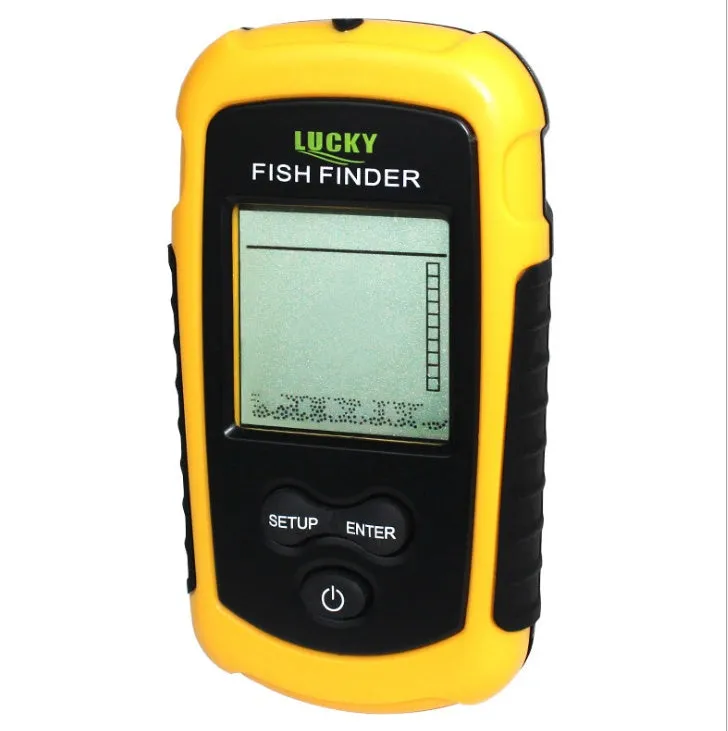 Yellow fish finder with wired sensor and display showing depth reading
