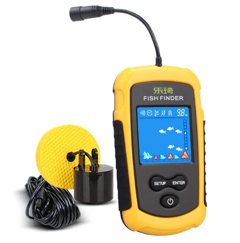Yellow fish finder with wired sensor and display showing depth reading