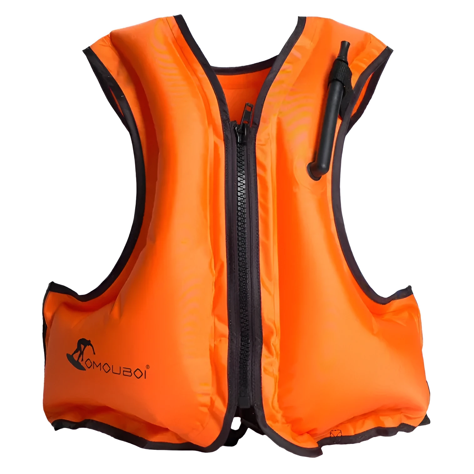 Adult life vest in bright orange with webbing strap, zipper, and breathable mesh back