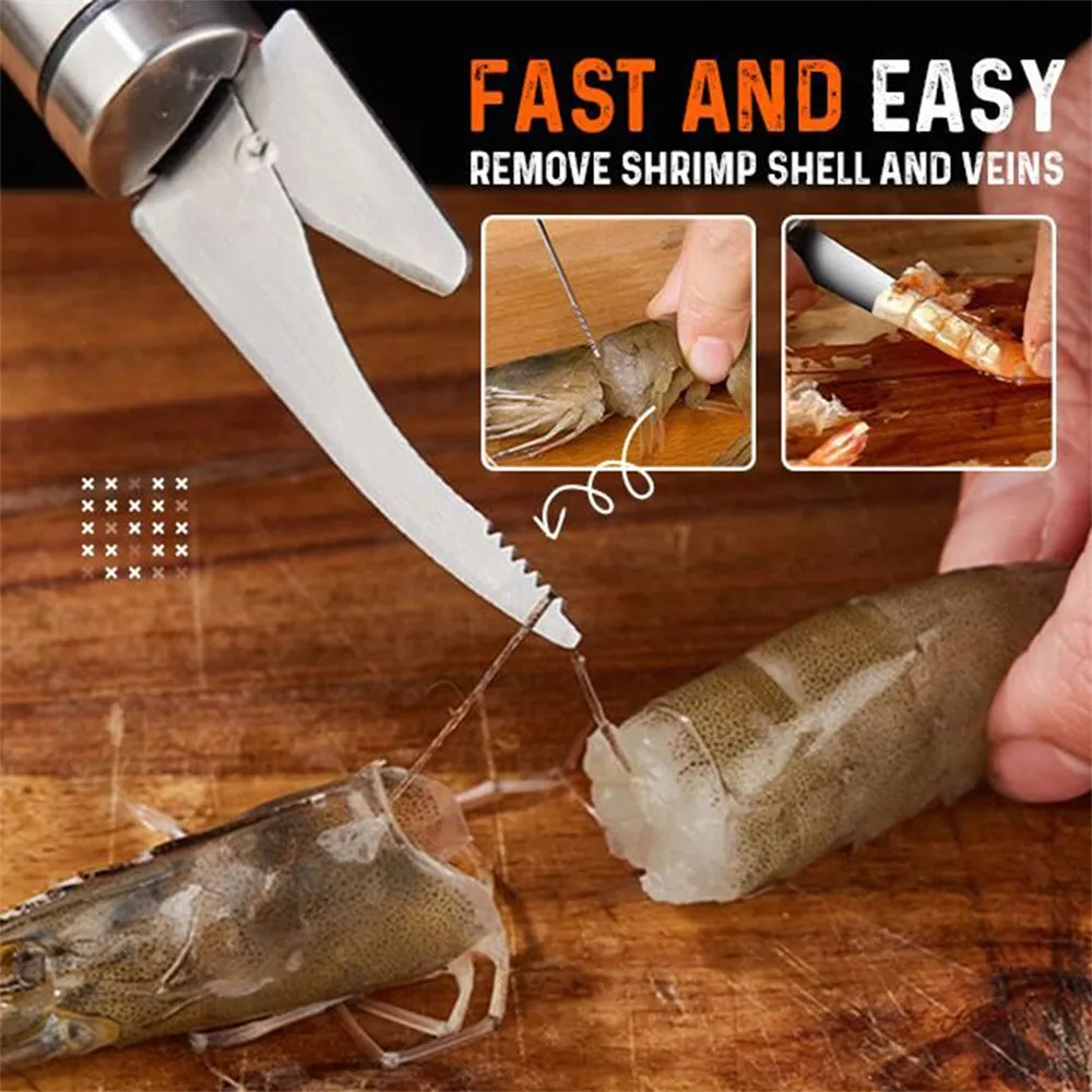 Multifunctional stainless steel shrimp remover with eagle-beak design and double row of blades on a clean surface