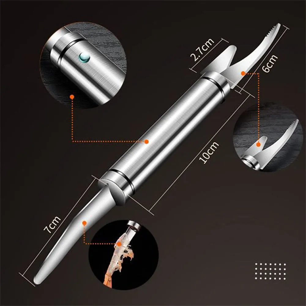 Multifunctional stainless steel shrimp remover with eagle-beak design and double row of blades on a clean surface