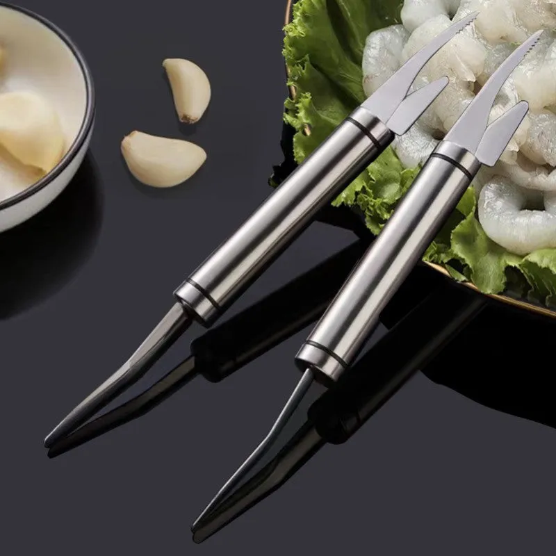 Multifunctional stainless steel shrimp remover with eagle-beak design and double row of blades on a clean surface
