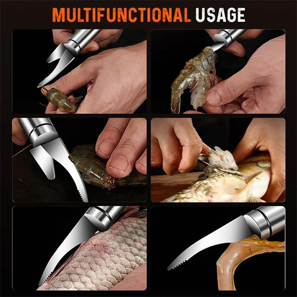 Multifunctional stainless steel shrimp remover with eagle-beak design and double row of blades on a clean surface