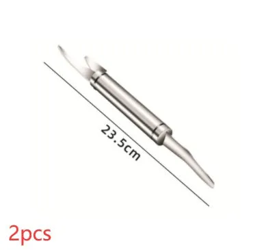 Multifunctional stainless steel shrimp remover with eagle-beak design and double row of blades on a clean surface