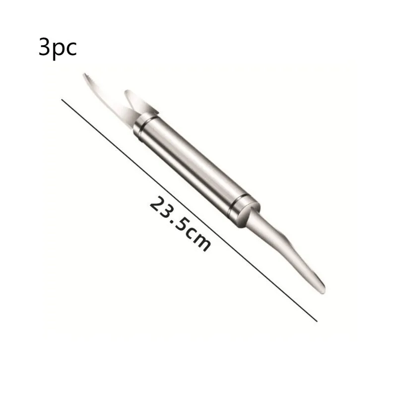 Multifunctional stainless steel shrimp remover with eagle-beak design and double row of blades on a clean surface