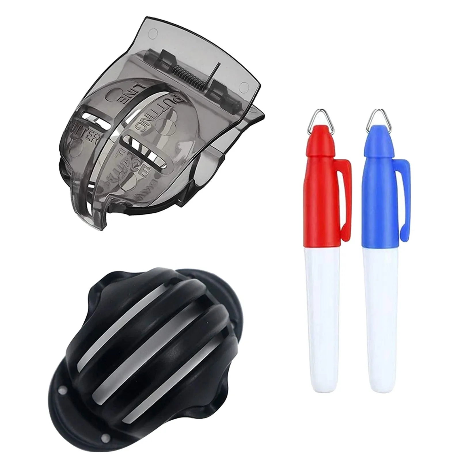 Golf ball line drawing kit with two plastic alignment tools and two mini permanent markers in red and blue