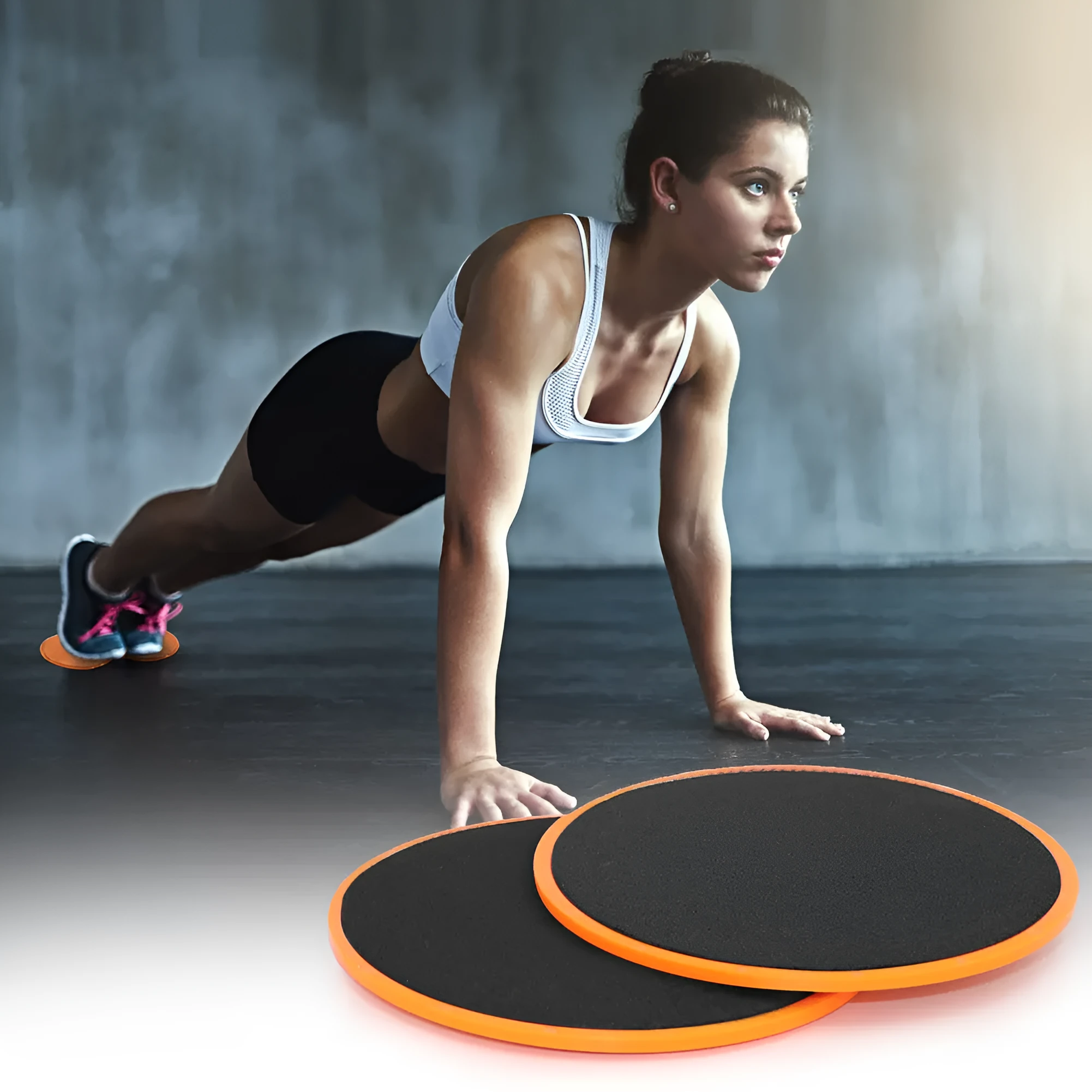 Set of five colour sliding discs for core training on wood carpet and tile floors