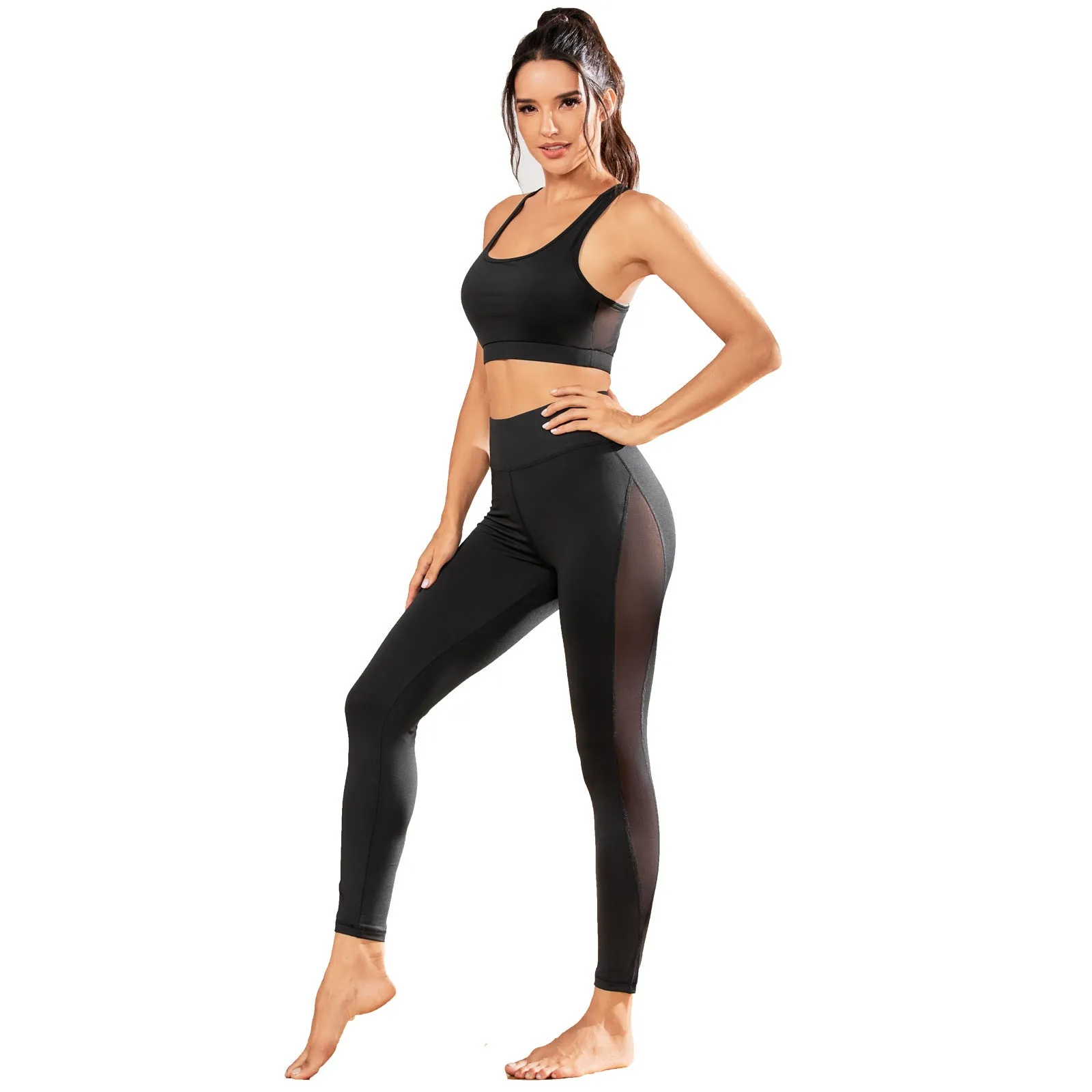 Black women's yoga tight running sports fitness set with milk cotton fabric, plain pattern, available in sizes S M L