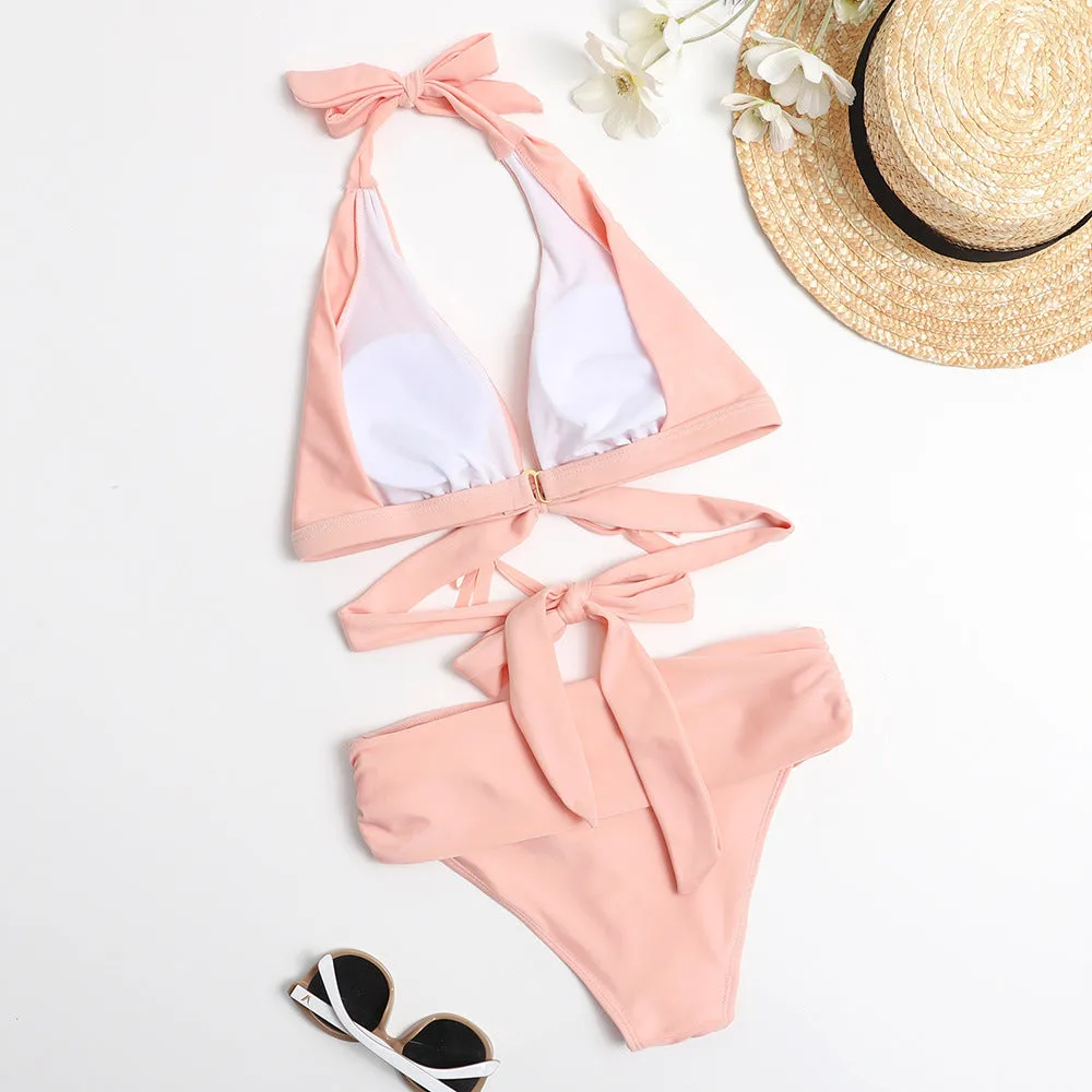 Sexy high waist split bikini in black with chest pad and solid colour design for swimming