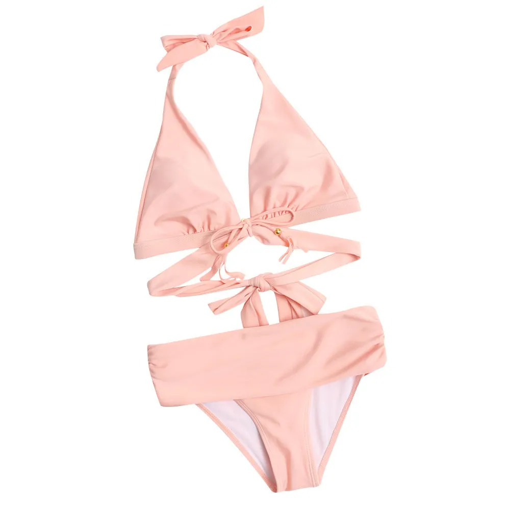 Sexy high waist split bikini in black with chest pad and solid colour design for swimming