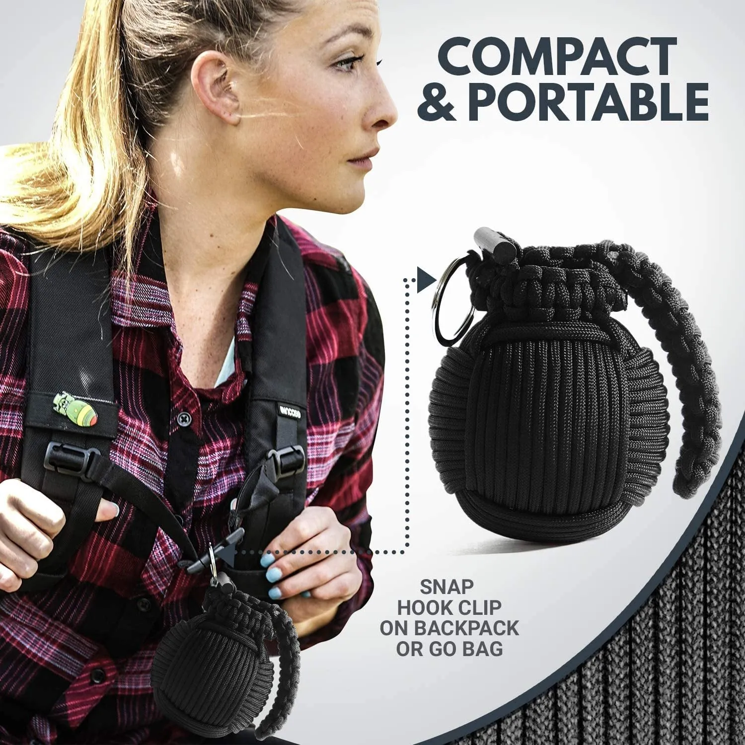 Outdoor survival tool tactical pack in black with seven core umbrella rope and 9cm compact size