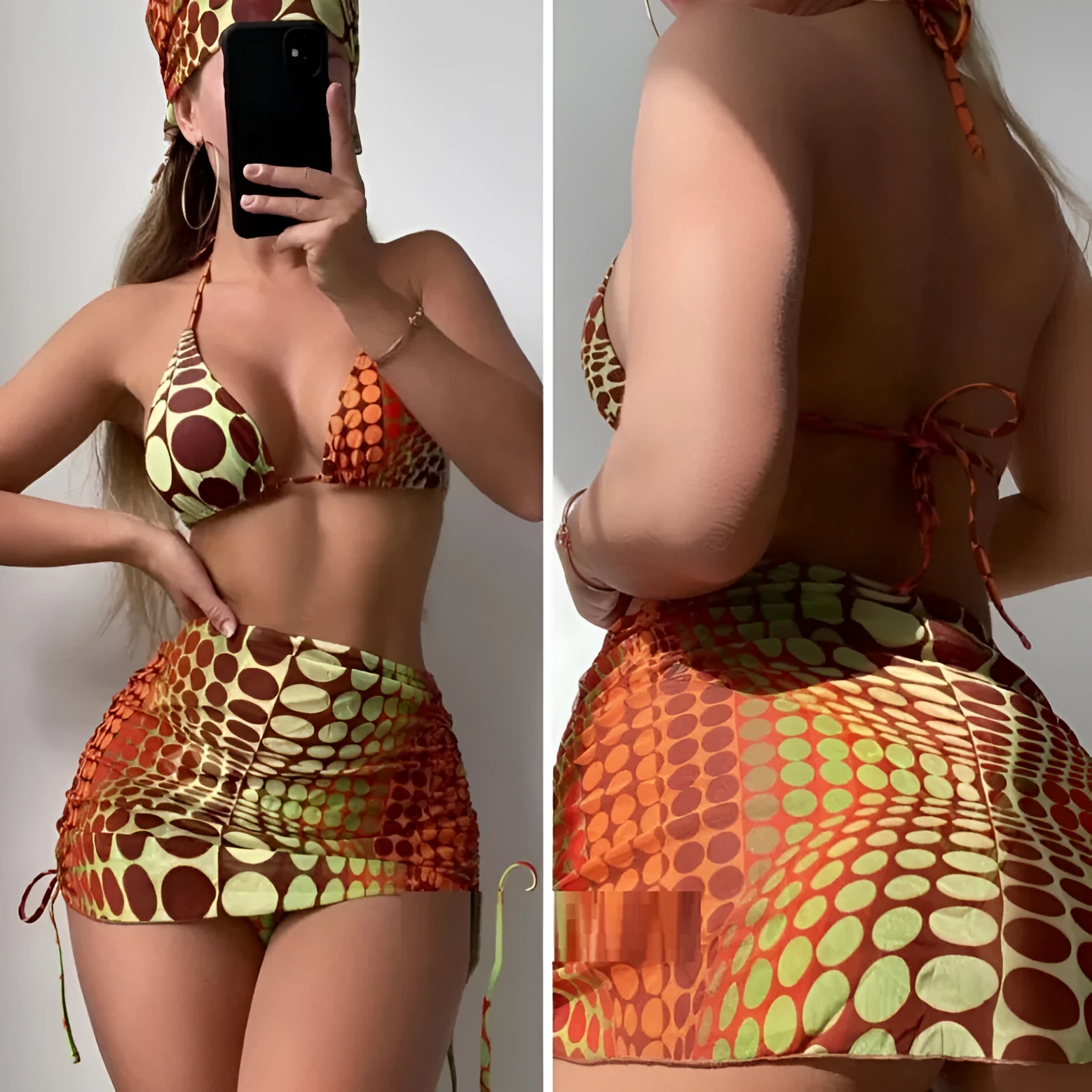 Printed split bikini set with chest pad, shorts, skirt, and headband in polyester on woman