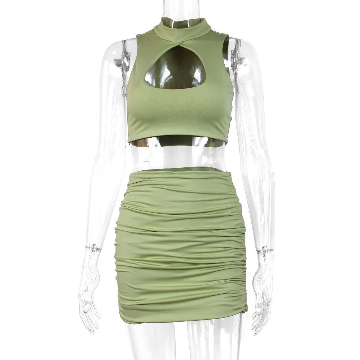 Women's light purple hollow vest and split skirt two-piece set in elastic polyester fabric