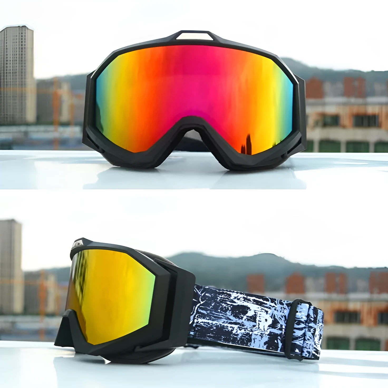 Motorcycle goggles with double layer anti-fog construction in TPU material with storage cloth bag