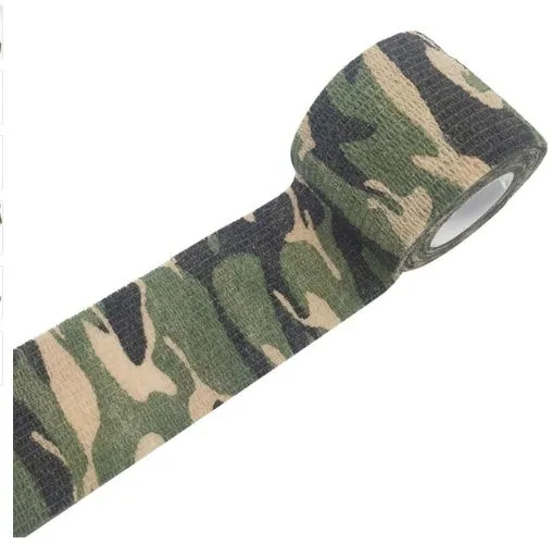 Camouflage non-woven self-adhesive elastic bandage roll 5 cm width on white background