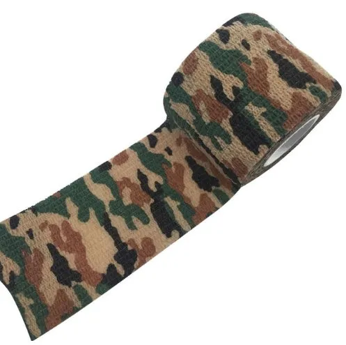 Camouflage non-woven self-adhesive elastic bandage roll 5 cm width on white background