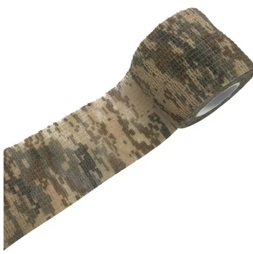 Camouflage non-woven self-adhesive elastic bandage roll 5 cm width on white background