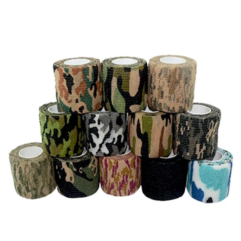 Camouflage non-woven self-adhesive elastic bandage roll 5 cm width on white background