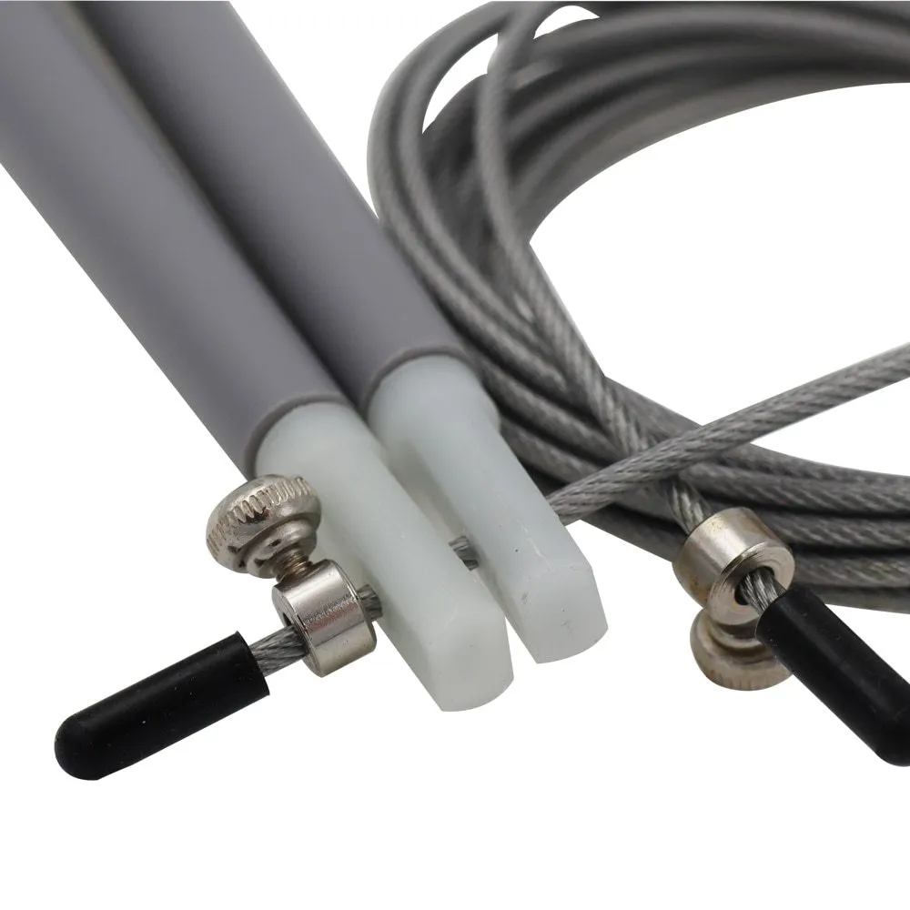 High speed steel wire fitness rope with 3m length, PVC coating, and PP handles on a smooth indoor floor