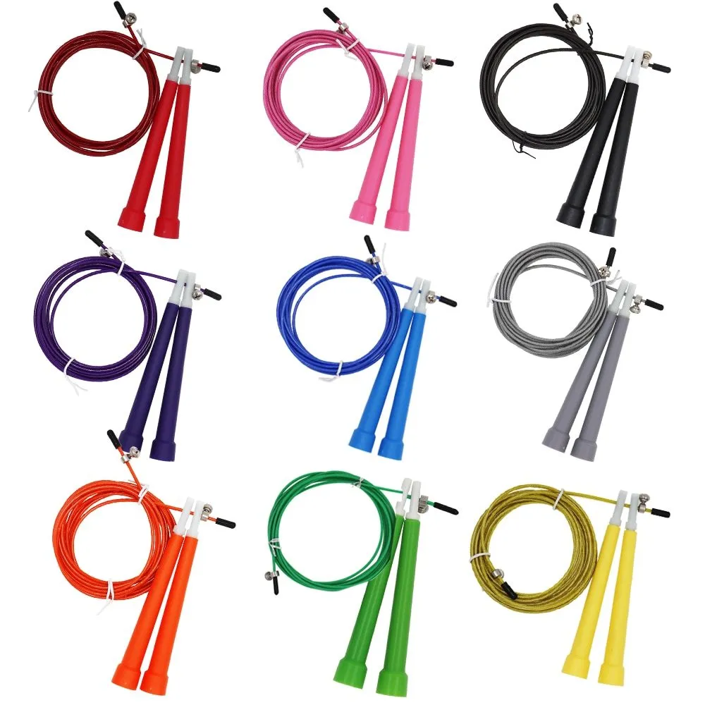 High speed steel wire fitness rope with 3m length, PVC coating, and PP handles on a smooth indoor floor